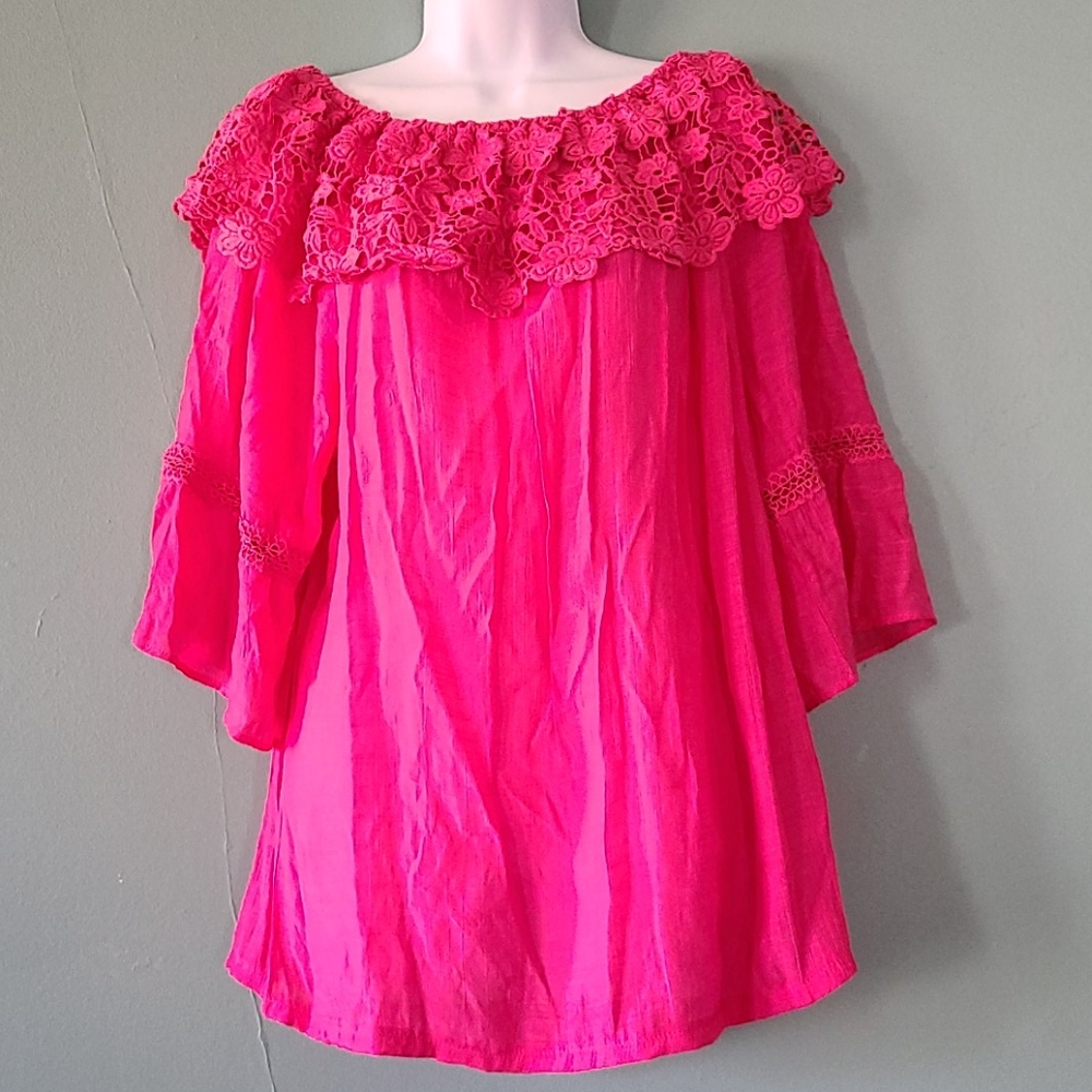 IRE Fashion Crochet Hippy Guaze Top Hot Pink 2XL